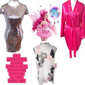 3 PC. GLAM DIVA HOT PINK SEQUIN DRESS BEADED TOP NWT BUNDLE SZ. LARGE